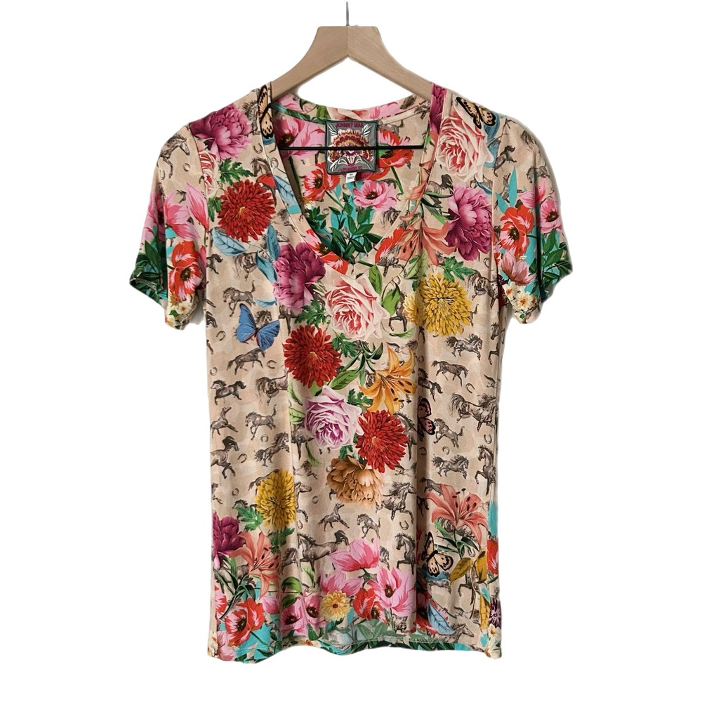 Johnny Was V-Neck Tee Viscose Bamboo Tan Floral Horse Butterfly Size XS